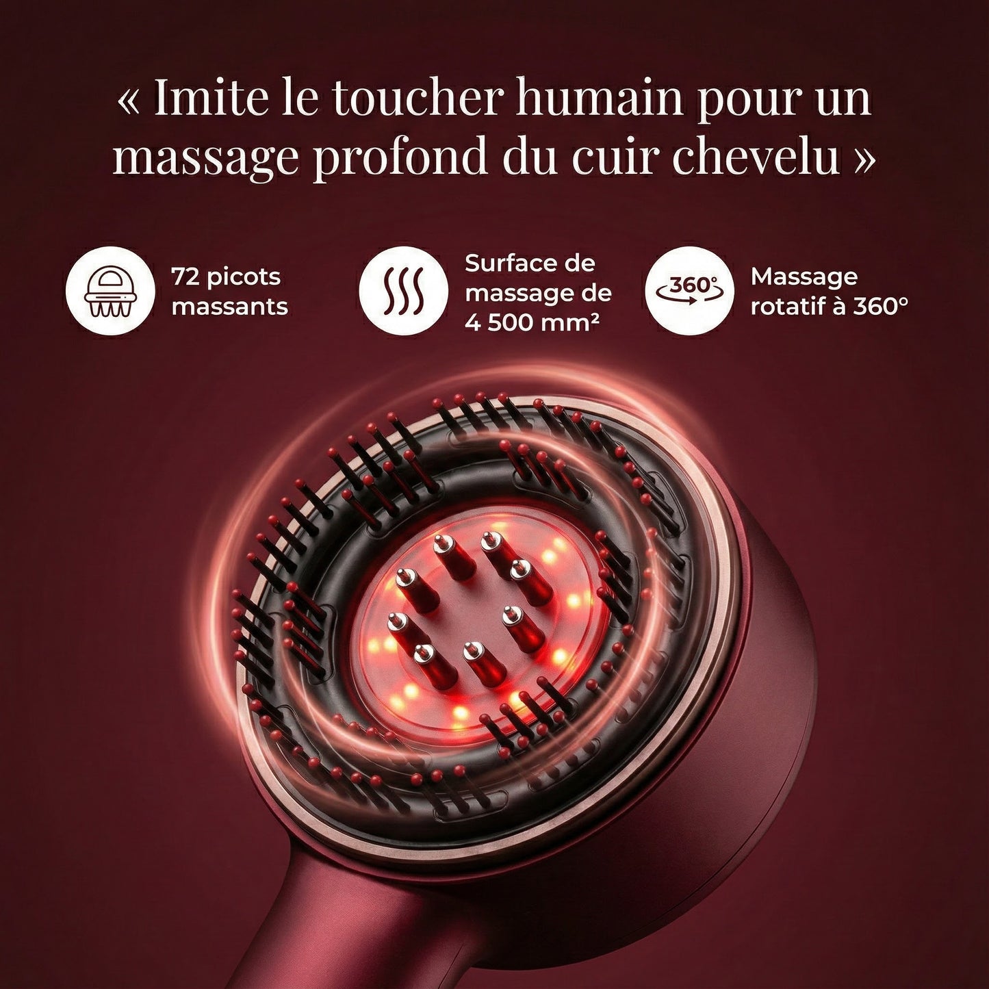 Vue rapprochée de la lumière LED rouge thérapeutique de la brosse Velora Blyss