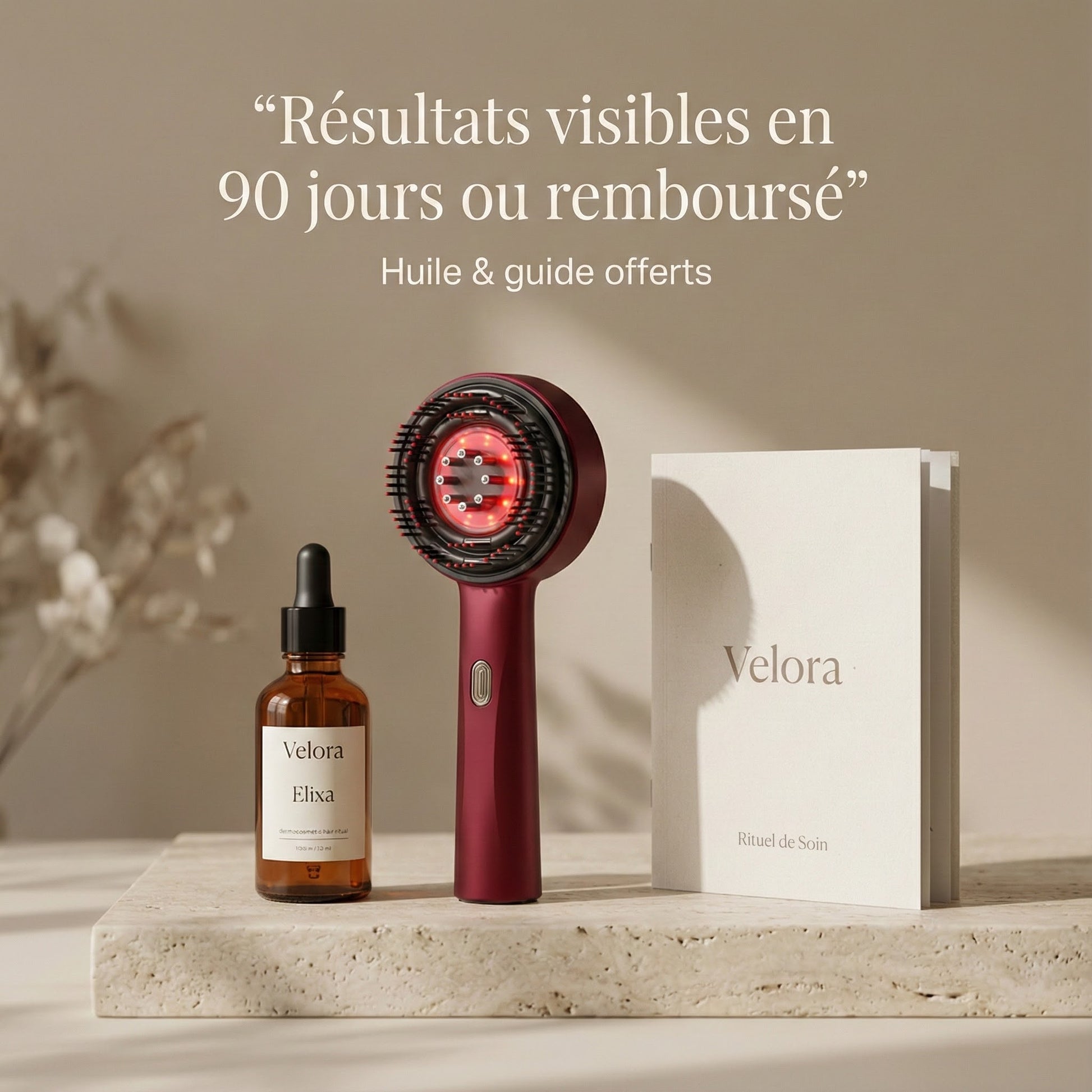 Brosse massante Velora Blyss avec lumière LED rouge pour stimuler la repousse des cheveux
